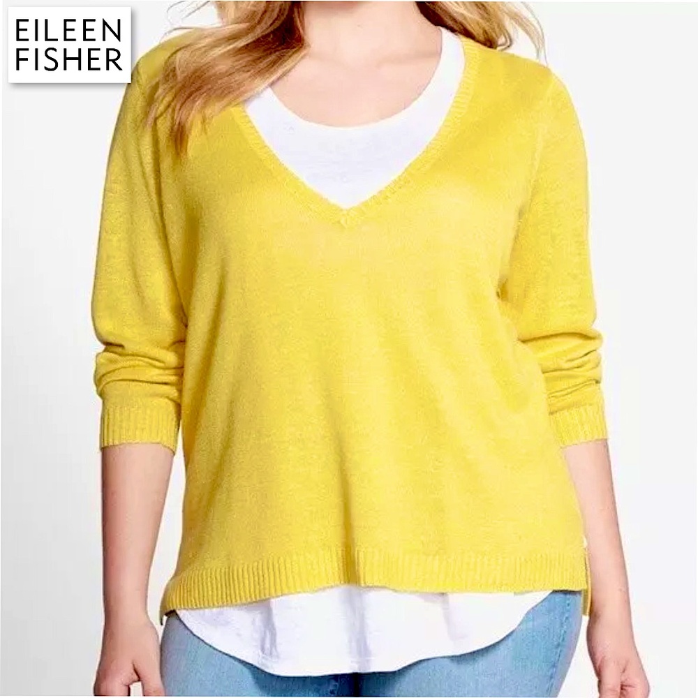Eileen Fisher Organic Linen Yellow Knit Sweater Top Deep V Neck Top Plus Size 3X